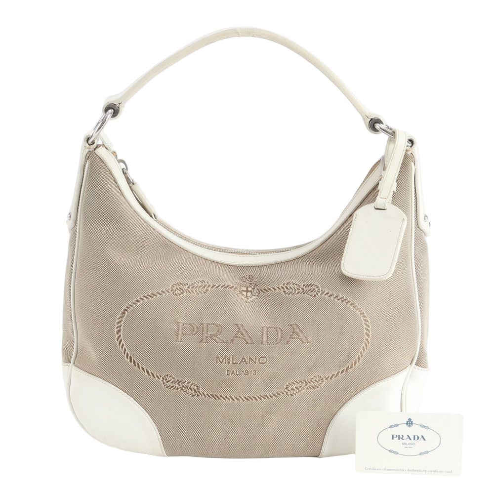 Prada Logo Jacquard Hobo Leather Shoulder Bag