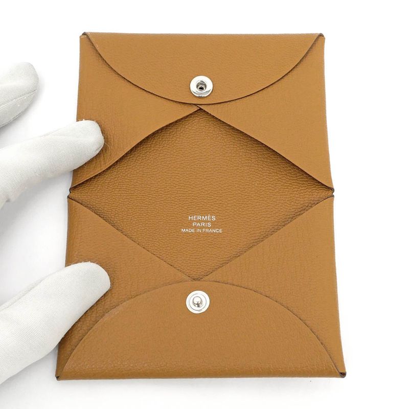 Hermes Calvi Sesame Brown Chevre Silver Hardware Card Holder — view 5