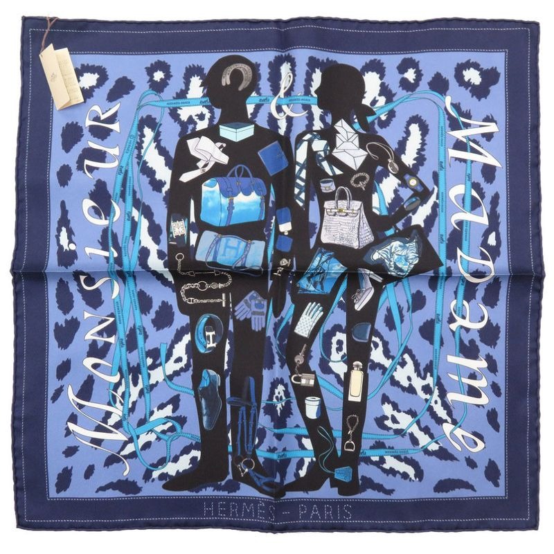 Hermes Carre 40 Monsieur ET Madame & Silk Blue Scarf 0217