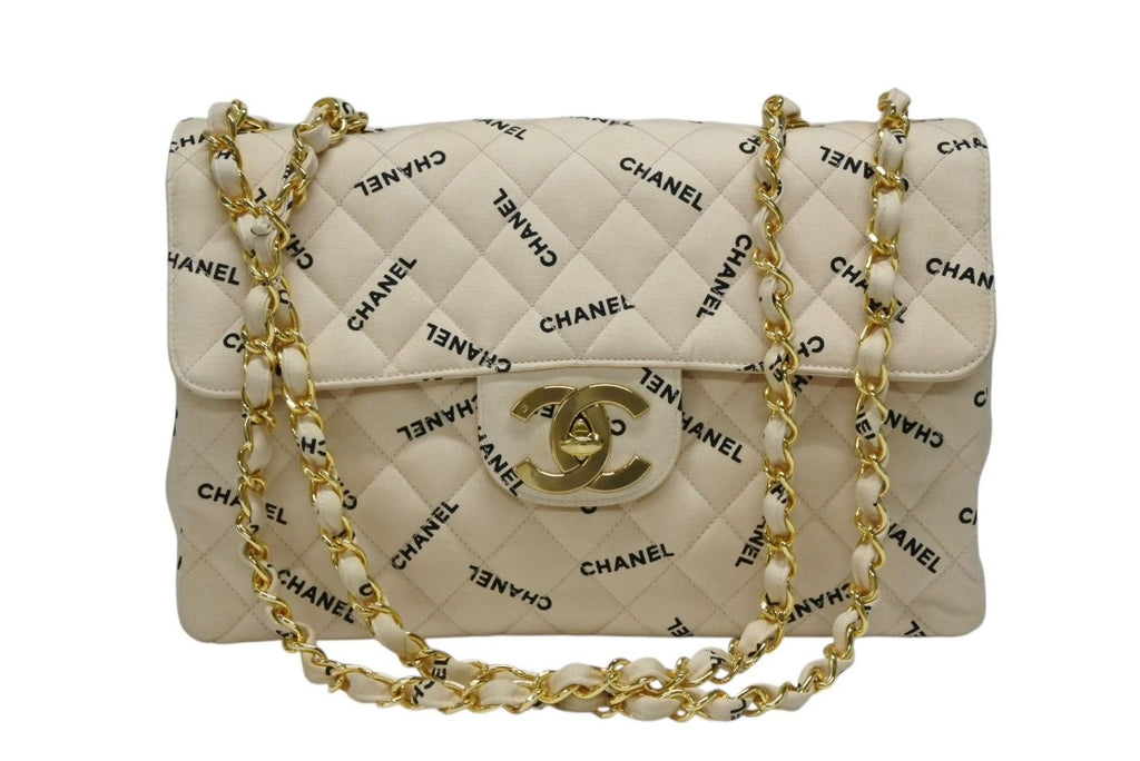 Chanel Maxi Quilted 34 S Flap Chain Shoulder Bag CC Logo Canvas Gold