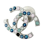 Chanel CC Logo Rhinestone Brooch Silver