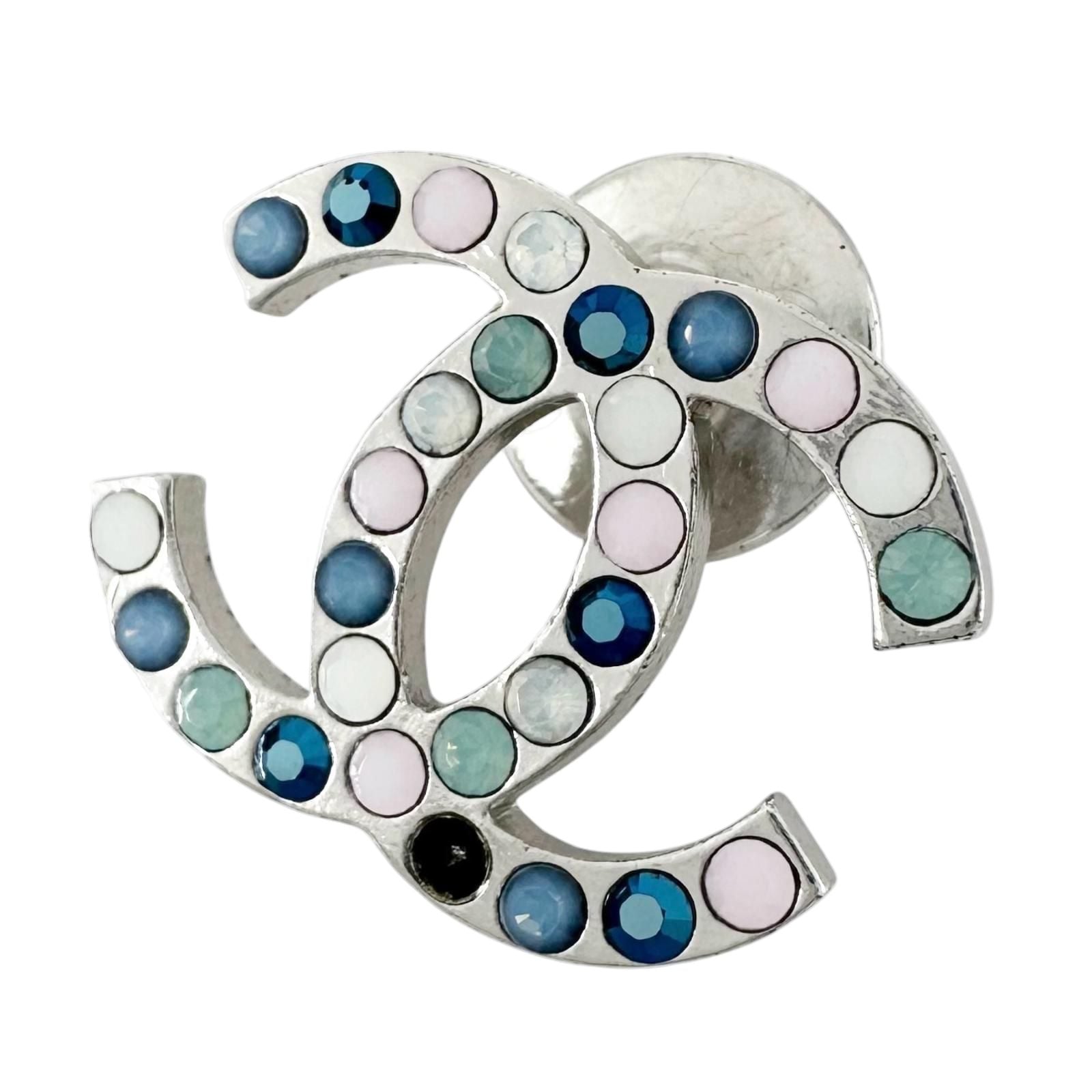 Chanel CC Logo Rhinestone Brooch Silver