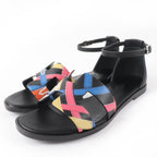 Hermes Santorini Ankle Strap Leather Sandals Black Multicolor 35 Boxes