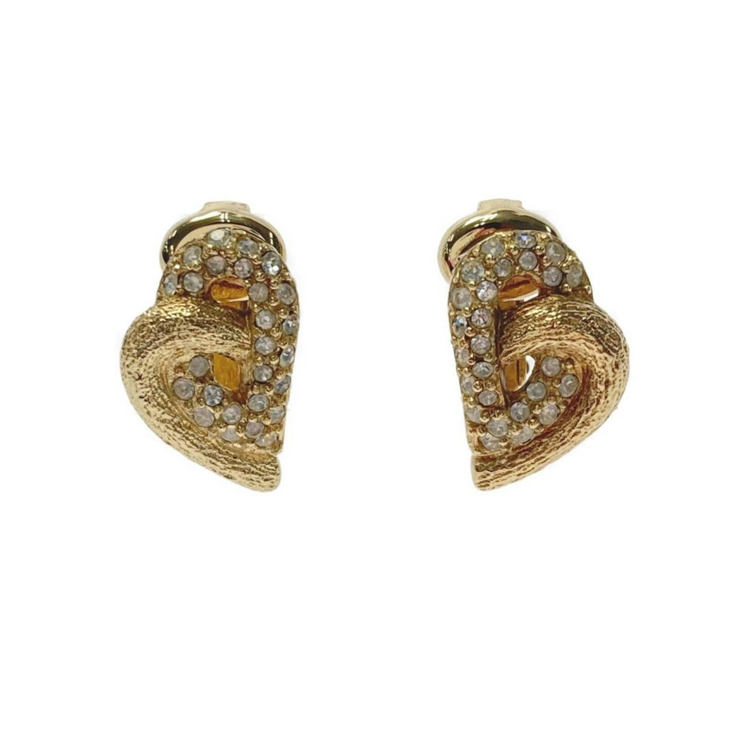 Christian Dior Heart Motif Rhinestone Gold GP Earrings