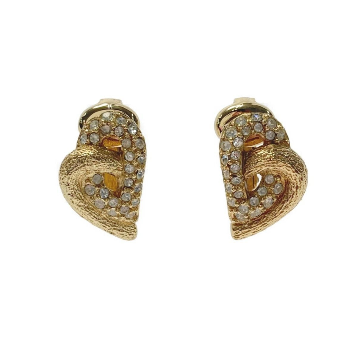 Christian Dior Heart Motif Rhinestone Gold GP Earrings