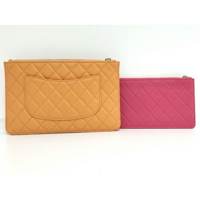 Chanel Quilted Pouch Set Leather Orange Pink Ap3659 — view 2