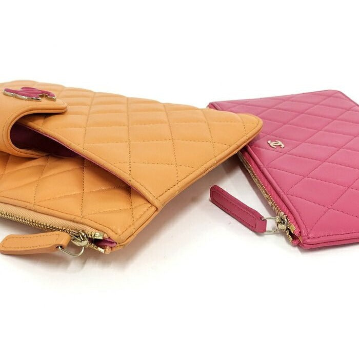 Chanel Quilted Pouch Set Leather Orange Pink Ap3659 — view 3