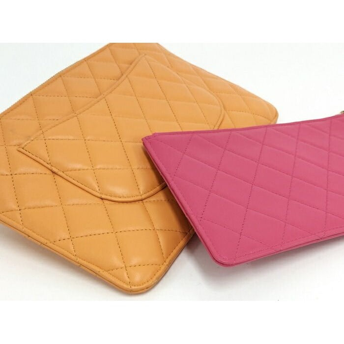 Chanel Quilted Pouch Set Leather Orange Pink Ap3659 — view 5