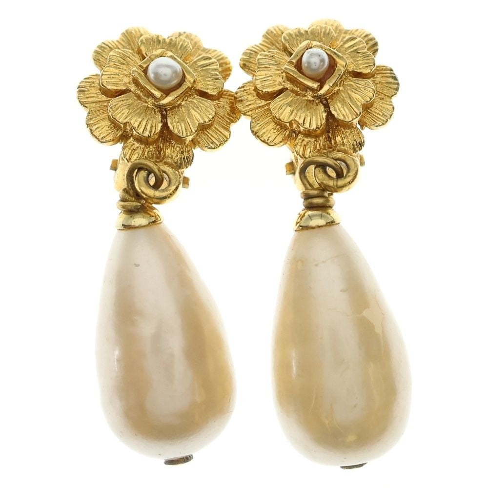 Chanel Camellia Pearl Earrings Gold Plated