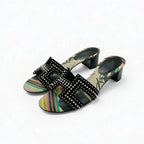 Hermes Oasis Sandals Shoes Suede Black Multicolor Studded Mules