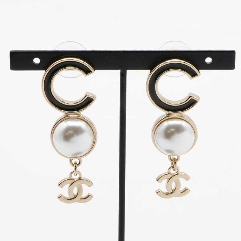 Chanel Earrings Gold Black Coco Mark Logo Pearl — view 8