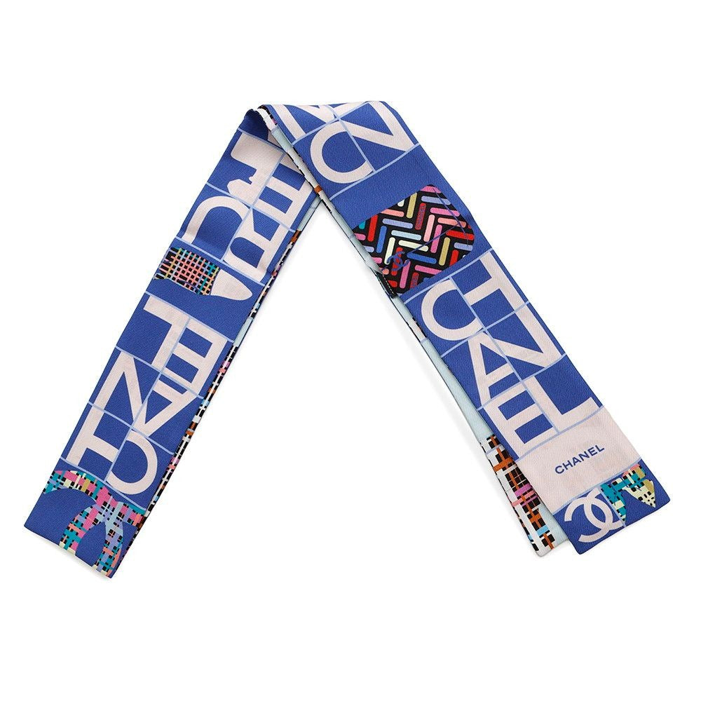 Chanel Scarf Logo CC Silk Blue Pink Multicolor