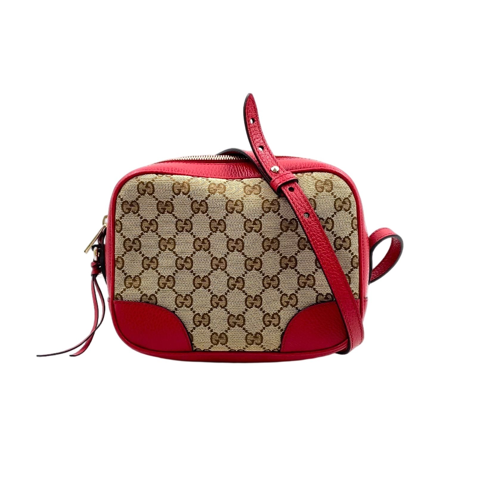 Gucci GG Canvas Leather Beige Red Shoulder Bag Gold