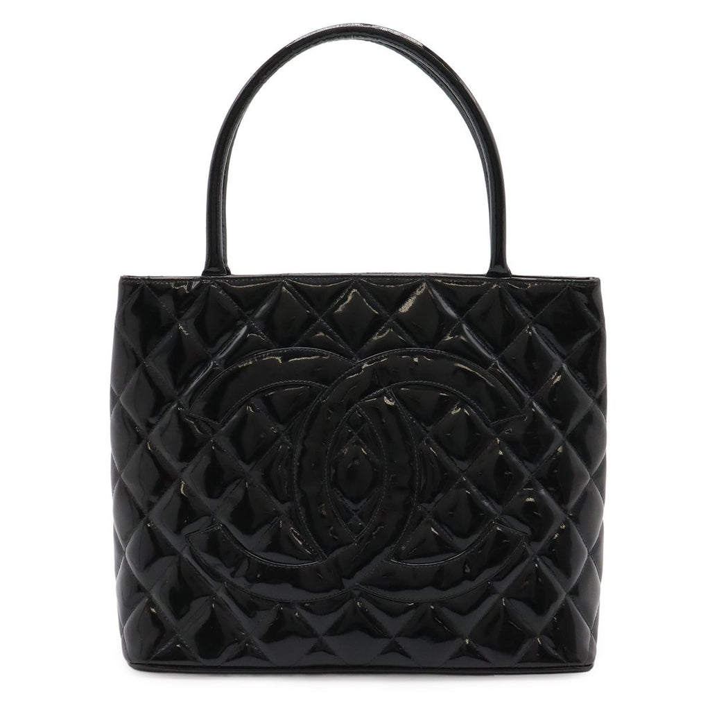 Chanel Quilted CC Logo Medallion Tote Shoulder Bag Enamel Leather Black