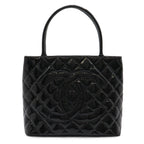 Chanel Quilted CC Logo Medallion Tote Shoulder Bag Enamel Leather Black