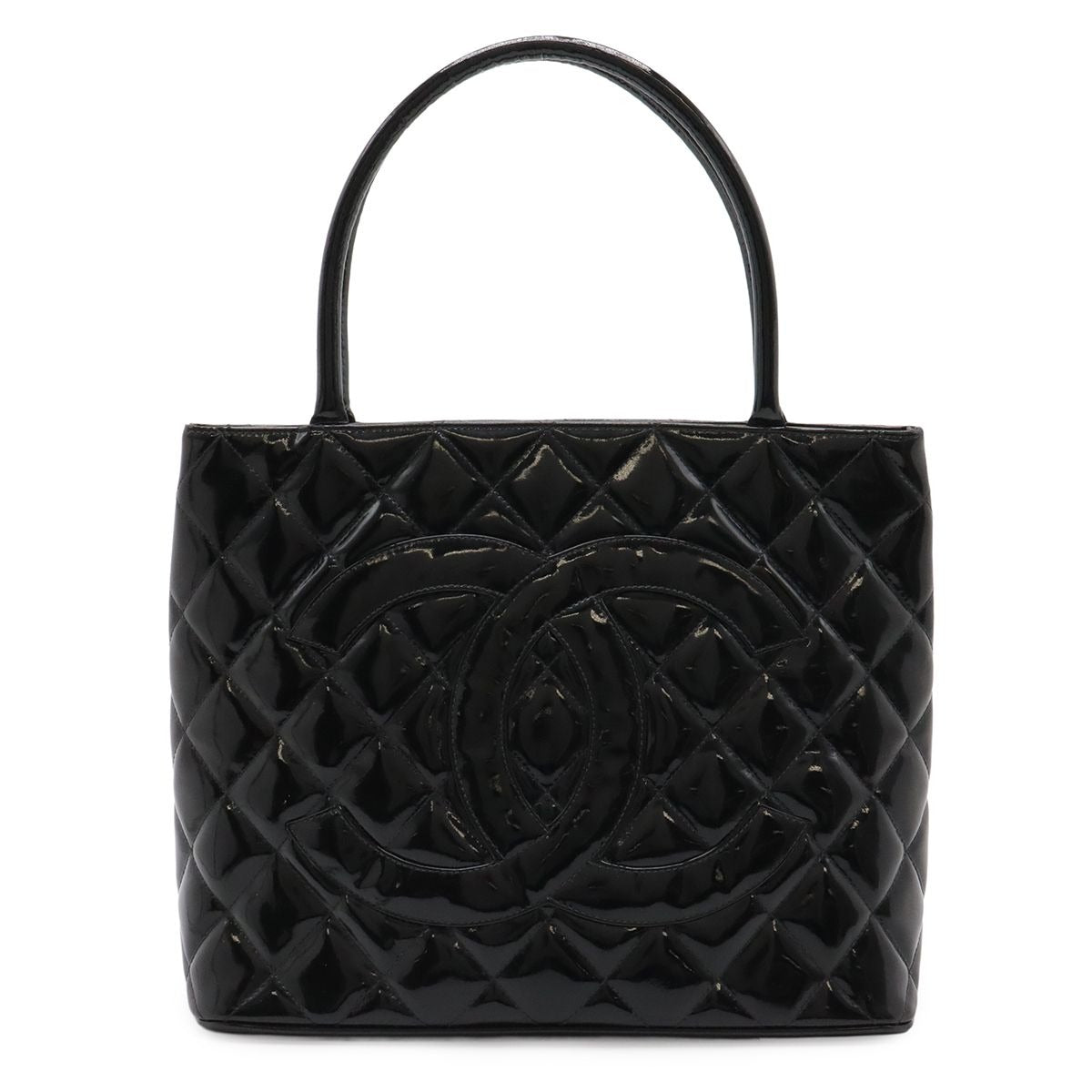 Chanel Quilted CC Logo Medallion Tote Shoulder Bag Enamel Leather Black