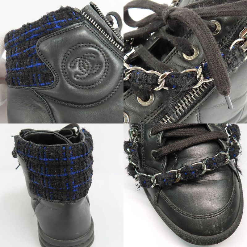 Chanel High Cut Sneakers Chain Double Zip 37 Coco Mark Black Leather — view 9