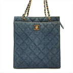 Chanel CC Logo Denim Quilted Vintage Chain Tote Shoulder Bag Blue