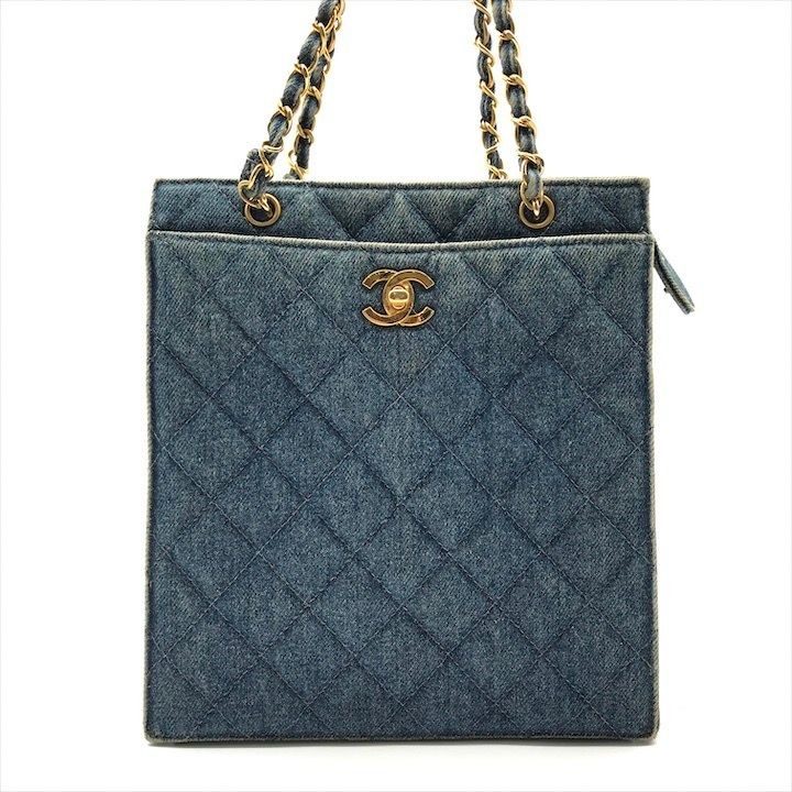 Chanel CC Logo Denim Quilted Vintage Chain Tote Shoulder Bag Blue