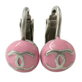 Chanel CC Logo Metal Silver Pink Earrings