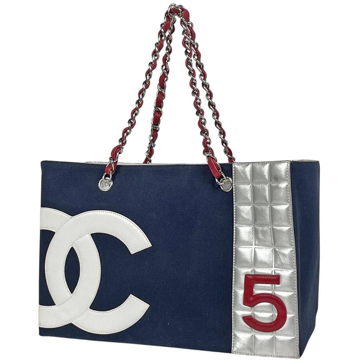 Chanel CC Logo Chain Tote No5 Choco Bar Canvas Navy Silver