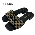 Prada Sandals Flat Mules Shoes Logo Plate Triangle Fabric Black Beige