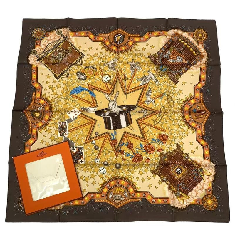 Hermes Carre 90 LA Magie Magic Rabbit Trick Pigeon Clown Silk Brown Box