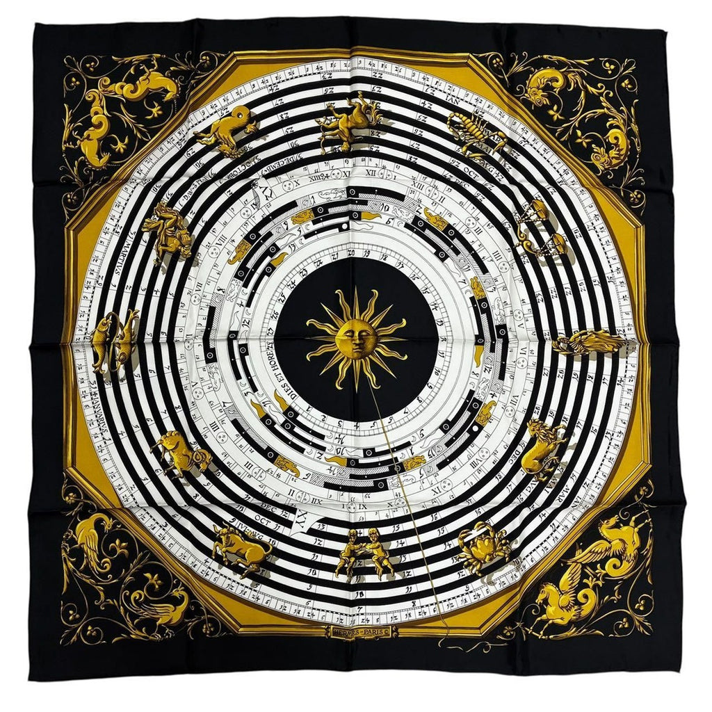 Hermes Carre 90 Dies ET Hore Astrology Silk Scarf Black Gold