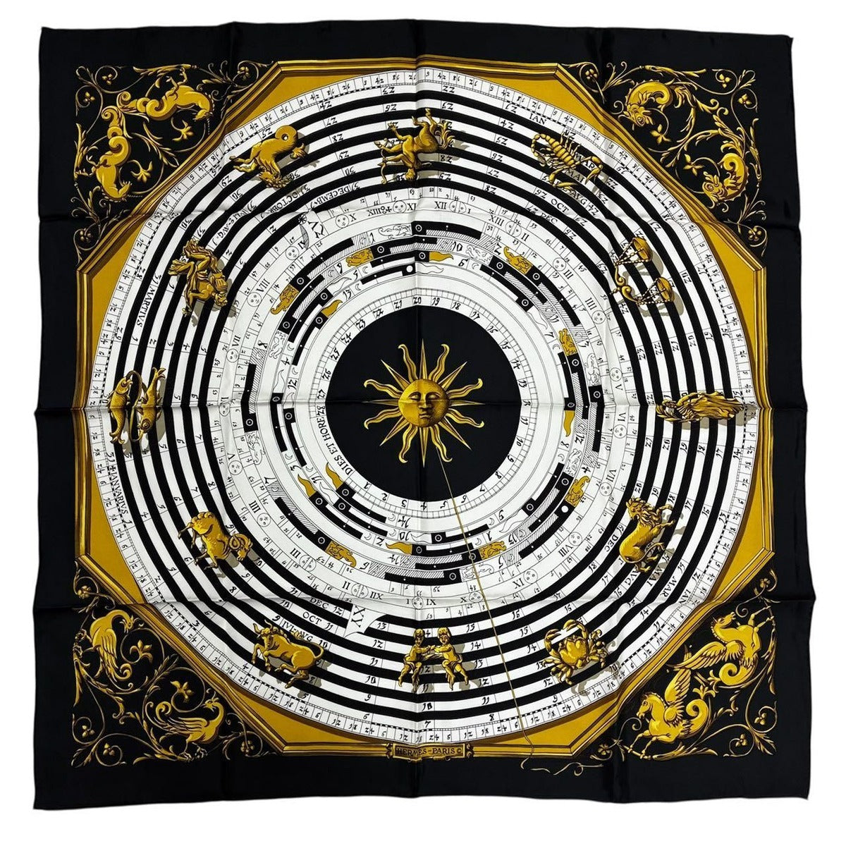 Hermes Carre 90 Dies ET Hore Astrology Silk Scarf Black Gold