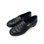 Chanel Loafer Leather Shoes Black Gold Coco Mark Chain Flat