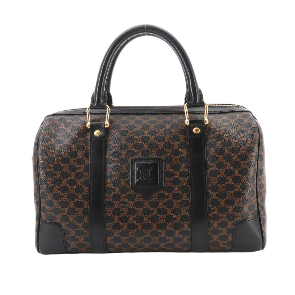 Celine Macadam Boston Hand Bag Leather Black Brown Gold Vintage