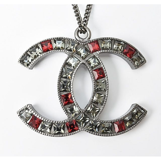 Chanel Coco Mark CC Rhinestone Gunmetal Red