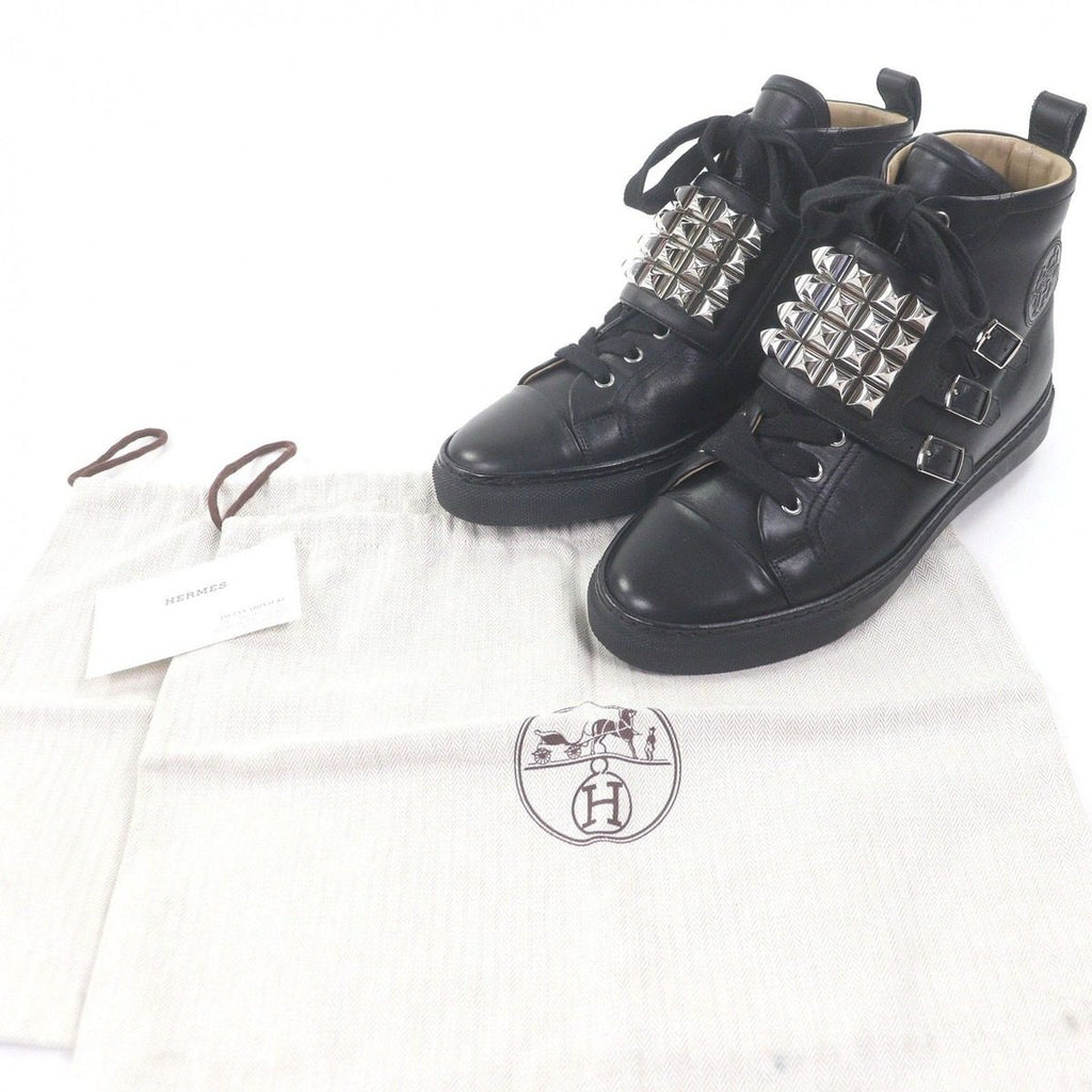 Hermes Lennox Collier de Chien Lace Up High Cut Sneakers Leather Shoes Black 40 — view 2