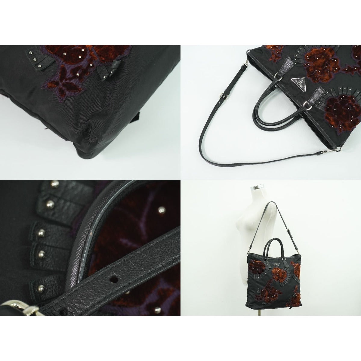 Prada Flower Motif 2-Way Shoulder Bag Tote Nylon Black — view 6