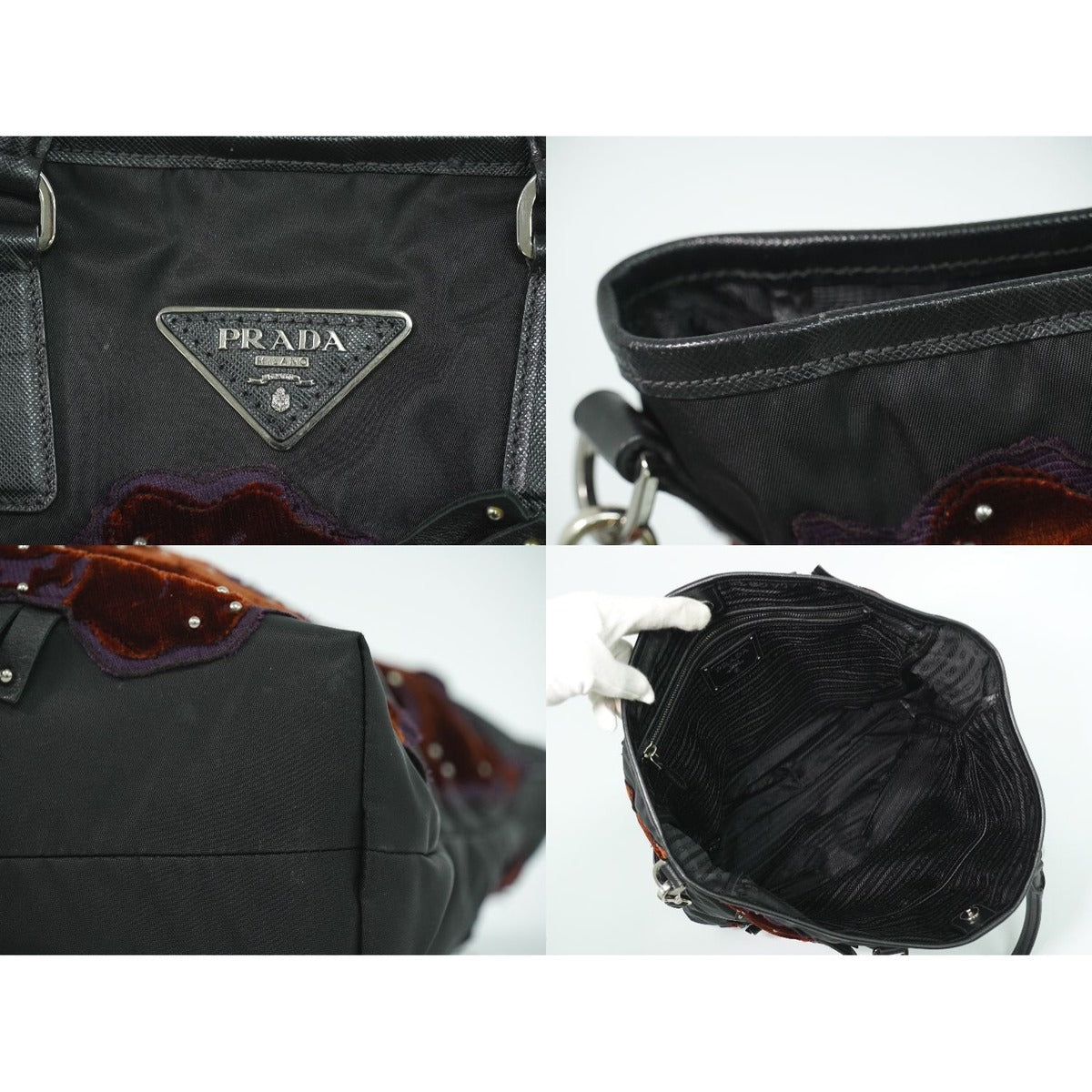 Prada Flower Motif 2-Way Shoulder Bag Tote Nylon Black — view 7
