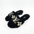 Louis Vuitton Paseo Line Monogram Sandals Shoes Shearling Black White Mule