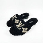 Louis Vuitton Paseo Line Monogram Sandals Shoes Shearling Black White Mule