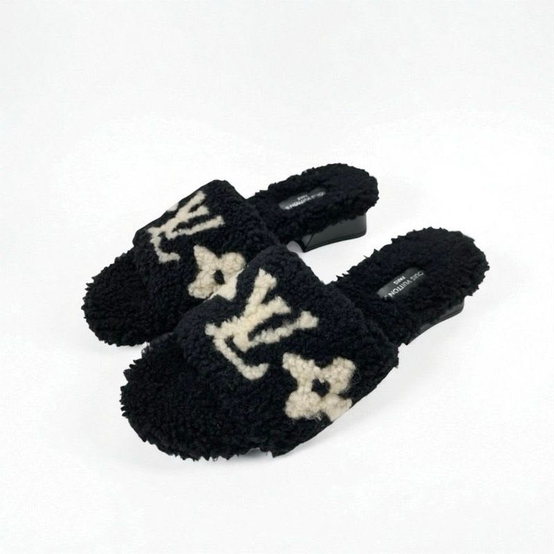 Louis Vuitton Paseo Line Monogram Sandals Shoes Shearling Black White Mule