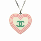 Chanel Heart CC Logo Necklace Vintage Silver White
