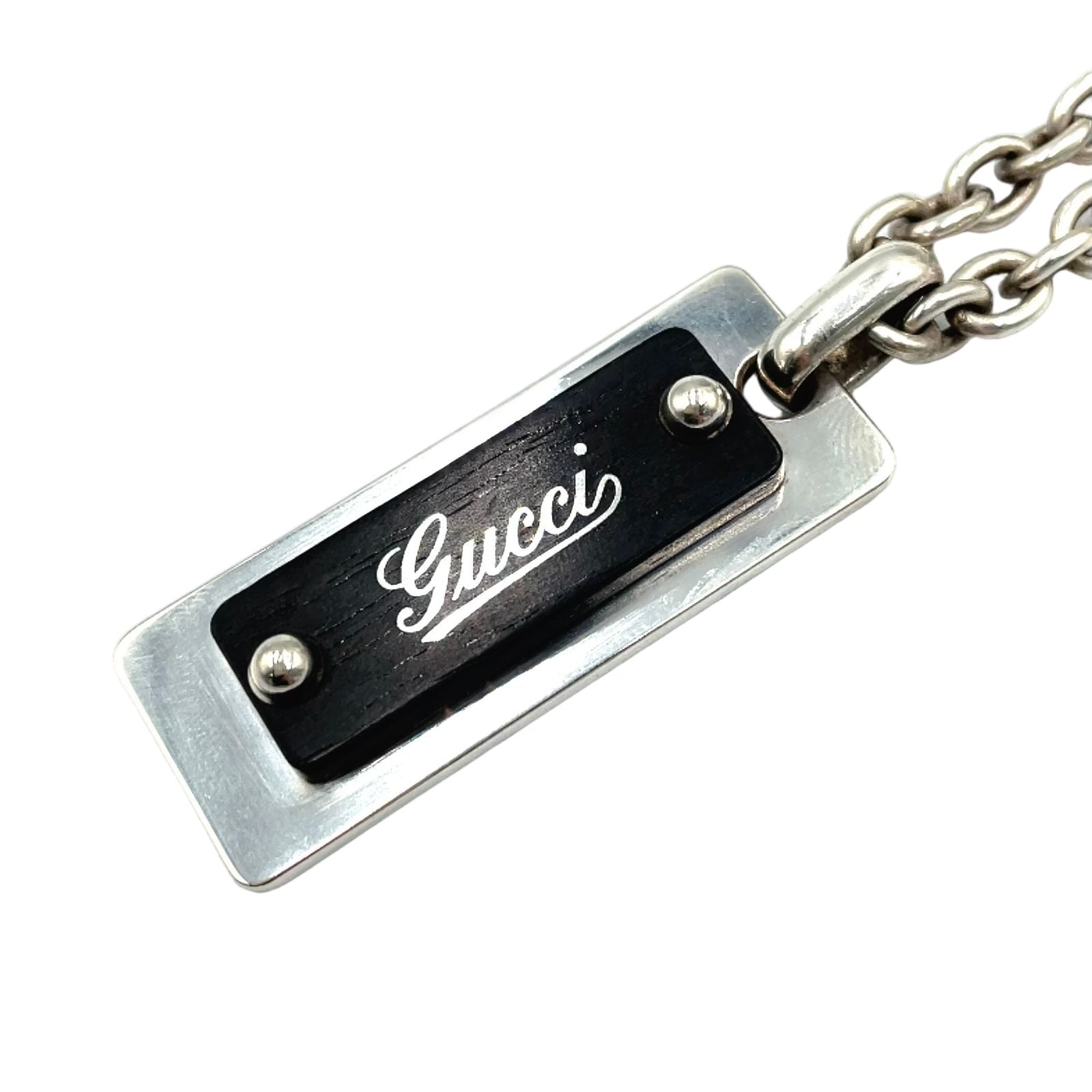 Gucci Ebony Logo Plate Silver Black Necklace