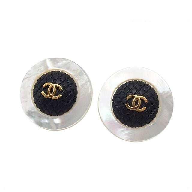 Chanel Earrings CC Logo Gold Black White Metal Shell Plastic