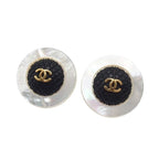 Chanel Earrings CC Logo Gold Black White Metal Shell Plastic
