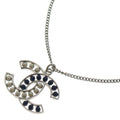 Chanel CC Logo Pearl Pendant Necklace Chain Silver White Navy