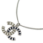 Chanel CC Logo Pearl Pendant Necklace Chain Silver White Navy
