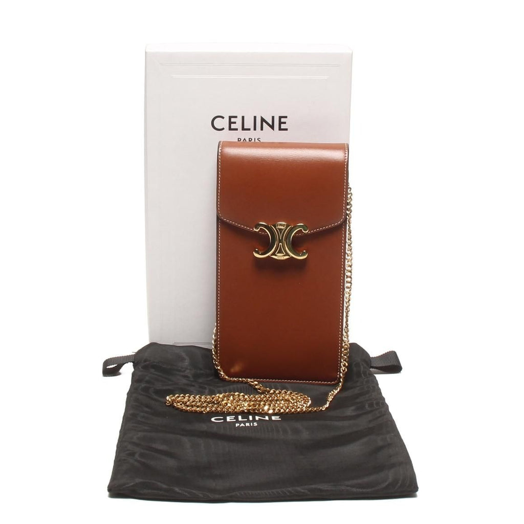 Celine Chain Shoulder Bag Crossbody Mobile Pouch Shiny Calfskin Brown — view 9