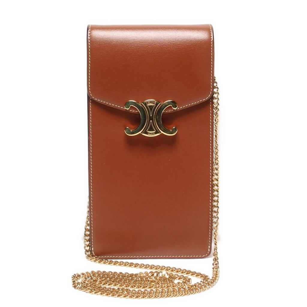 Celine Chain Shoulder Bag Crossbody Mobile Pouch Shiny Calfskin Brown