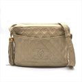 Chanel CC Logo Quilted Lambskin Fringe Shoulder Bag Beige Purse