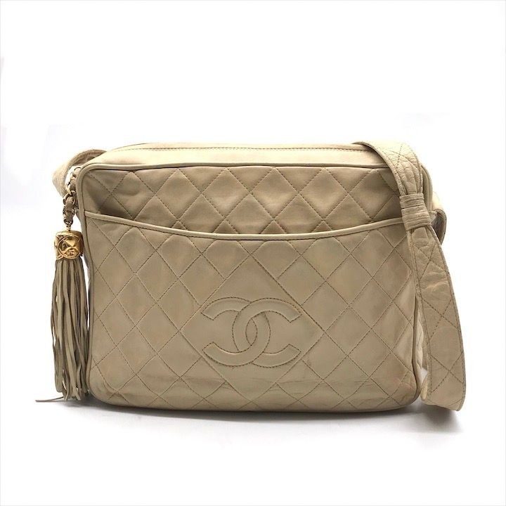 Chanel CC Logo Quilted Lambskin Fringe Shoulder Bag Beige Purse