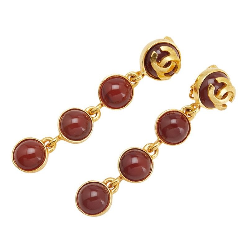 Chanel Vintage Earrings Coco Mark Round Swing Gold Wine Red Plated
