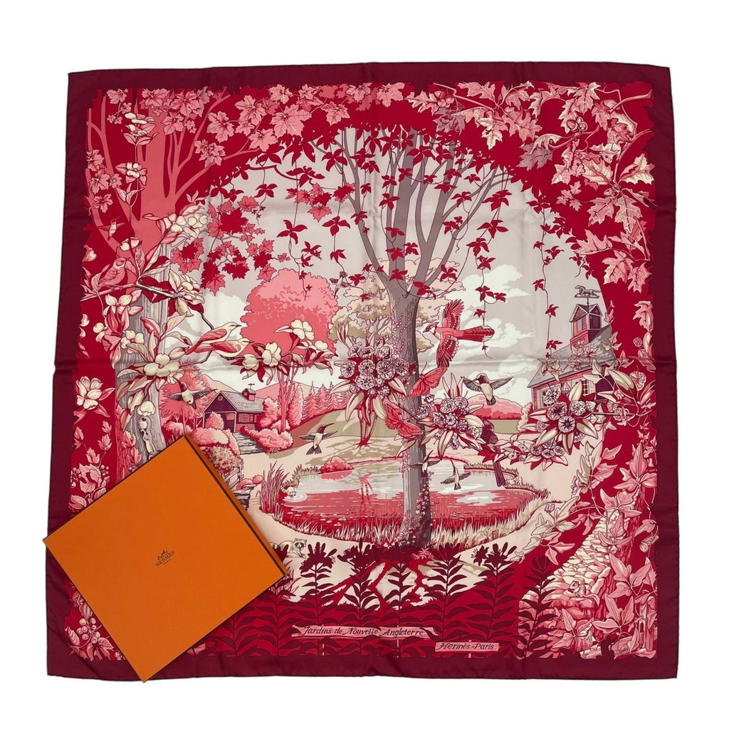 Hermes Carre 90 New England Garden Red Scarf 100% Silk